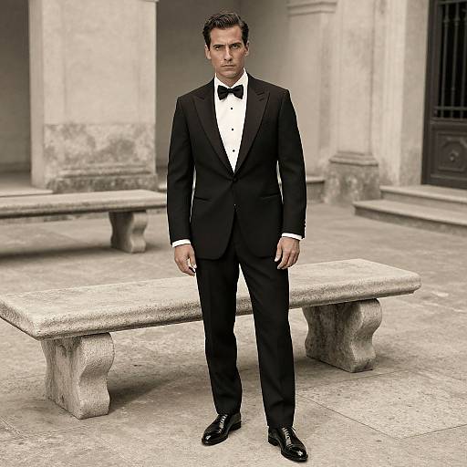 Photograph of a serious, dark-haired man in a black tuxedo with a bow tie, standing in front of a stone bench in a grand