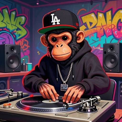 Photorealistic digital art: anthropomorphic monkey in black hoodie and LA cap, DJing in graffiti-laden room with speakers. Bright, vibrant colors