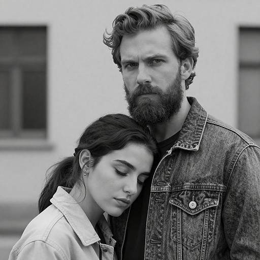 Black and White Portrait of Couple in Denim Jackets