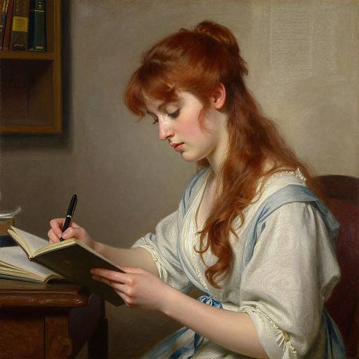 Photograph of a pale-skinned, red-haired woman in a white, blue-ribboned dress, writing in an open book at a wooden table