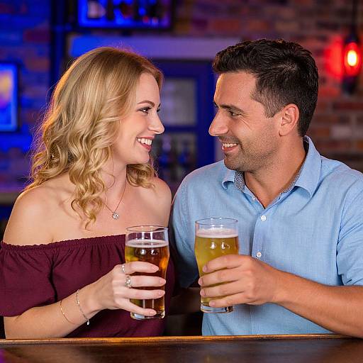 Photograph of a smiling blonde woman in a black off-shoulder top and a dark-haired man in a blue button-up shirt, both holding beer