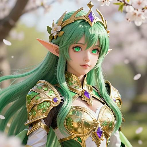 Digital artwork of an elf woman with green hair, green eyes, pointed ears, wearing ornate golden armor with purple gems, crowned with a jeweled