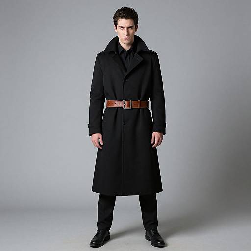 Photograph of a young man with short dark hair, wearing a black long coat, brown belt, black pants, and black shoes, standing against a