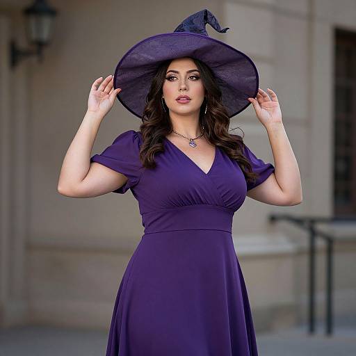 Photograph of a curvy woman with long dark hair, wearing a large black witch hat and purple dress, standing outdoors with a neutral background.