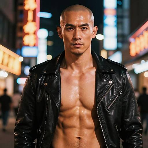 Photograph of a muscular, bald Asian man with a defined six-pack, wearing a black leather jacket, standing in a neon-lit city street at