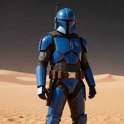 Photorealistic CGI of a blue armored stormtrooper-like character standing in a sunlit desert with dunes, wearing a helmet and black gloves.