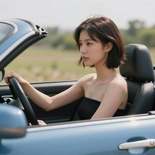 Focused Woman Driving Blue Convertible Car