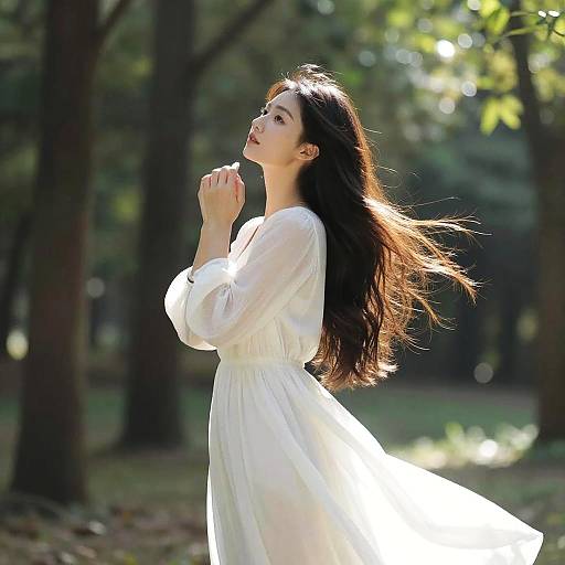 Photograph of an Asian woman with long black hair, wearing a white, long-sleeved dress, standing in a sunlit forest, hands near