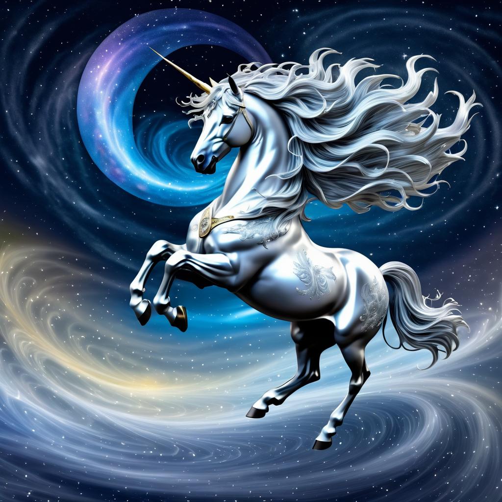 Celestial Silver Unicorn in Surreal Realm