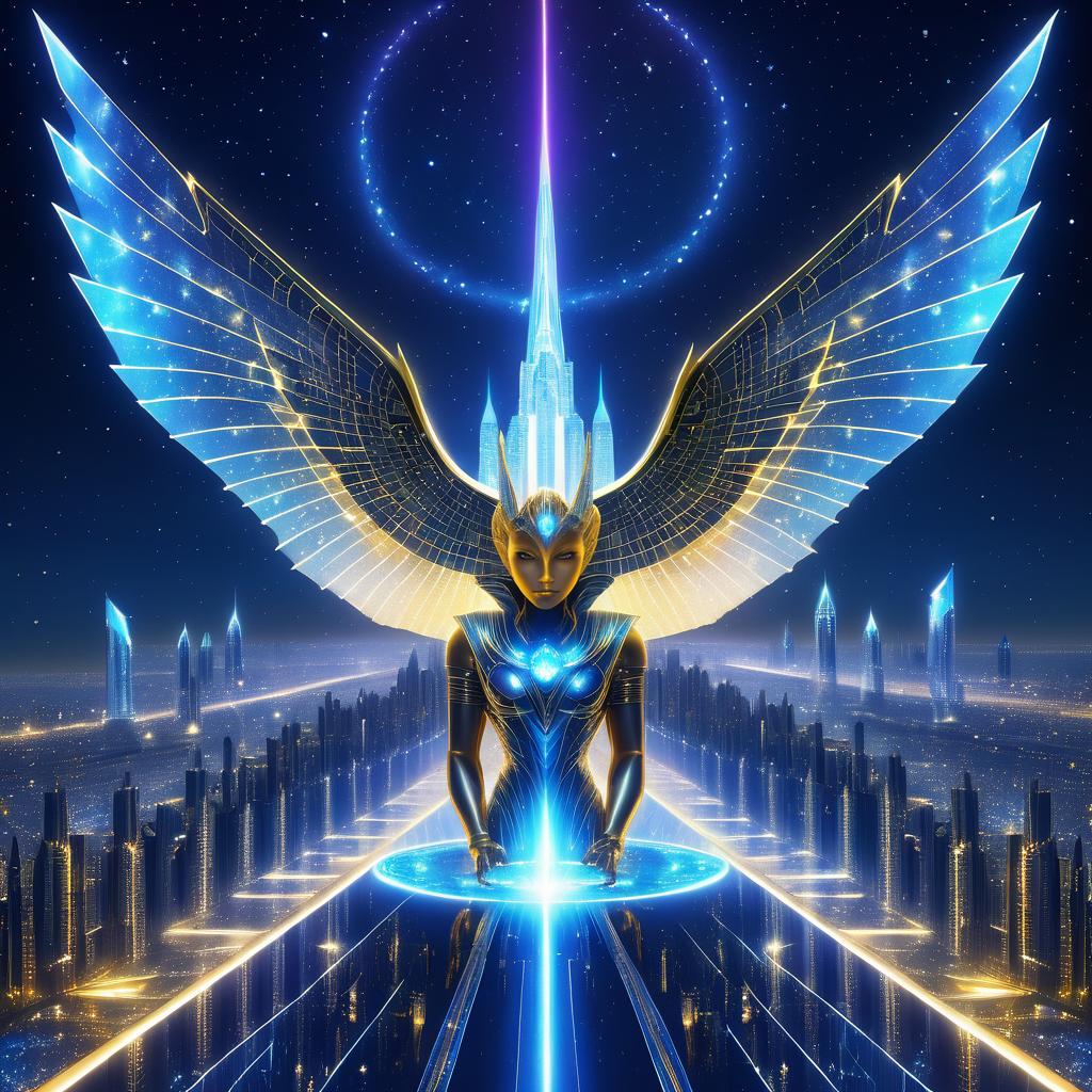 Majestic Metallic Sphinx Overlooking City