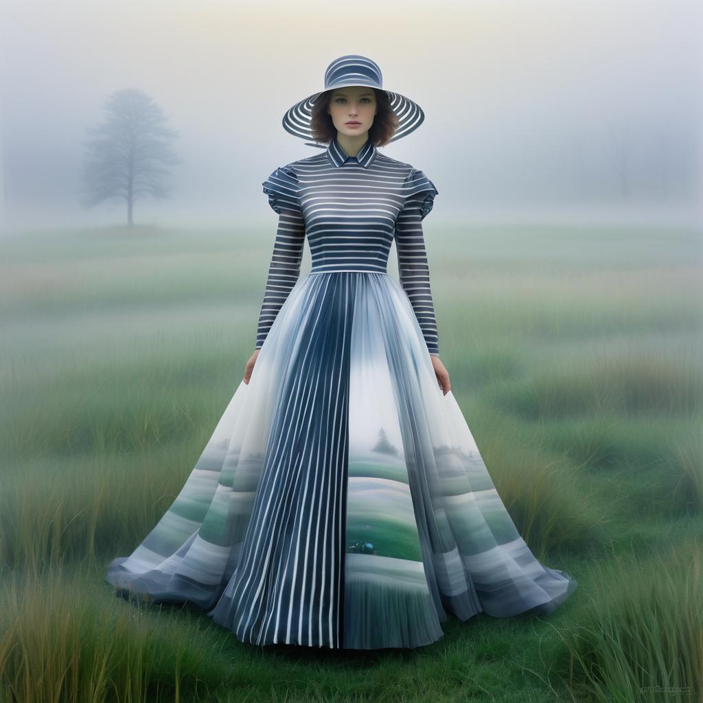 Mystical Silk Gown in Foggy Landscape