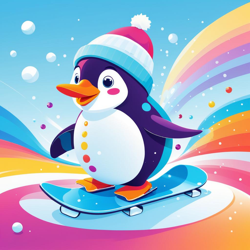 Whimsical Penguin Sliding on Colorful Ice