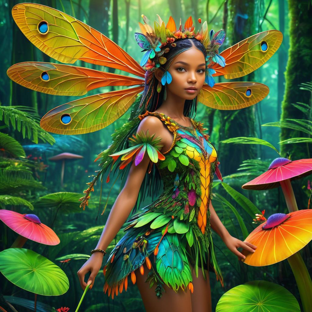 Whimsical Dragonfly Girl in Vibrant Fungi