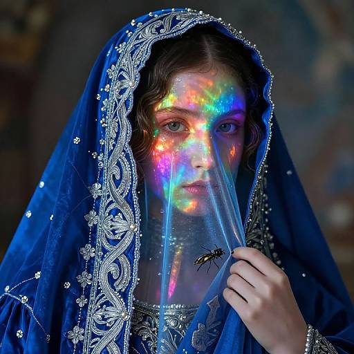 Woman in Embroidered Indigo Robe with Iridescent Veil