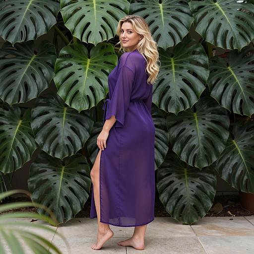 Blonde Woman in Purple Sheer Robe by Monstera Leaves