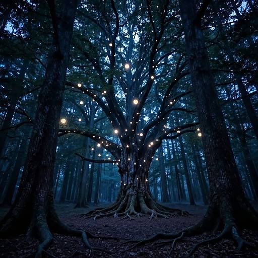 Photograph of a dark, dense forest at twilight, featuring a large tree with illuminated string lights hanging from its branches, casting a magical glow in the