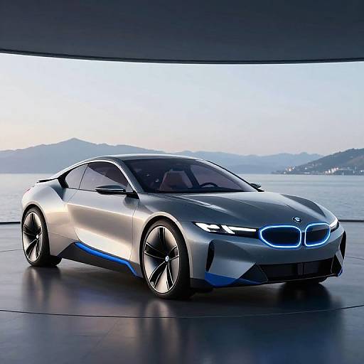 Photograph of a sleek, futuristic BMW concept car with glowing blue accents, parked on a reflective floor by a serene lake.