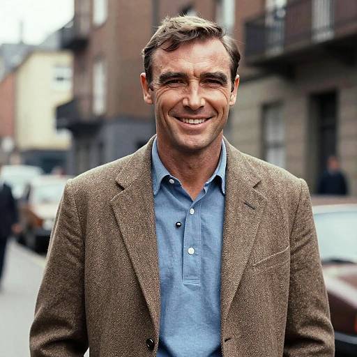 Photograph of a middle-aged man with short brown hair, wearing a brown tweed blazer and blue polo shirt, smiling outdoors in a urban street