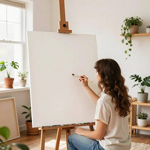 Artist Woman Painting in Spring Studio