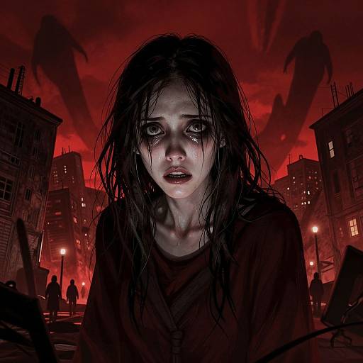 Photorealistic digital artwork: Pale, tear-streaked young woman with wet black hair, dark eyes, and fearful expression, stands in a red