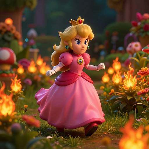 Princess Peach Running Through Fire Flower Garden