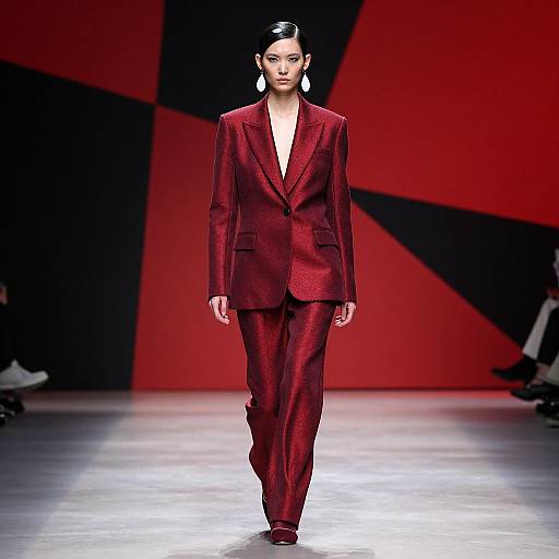 Photograph of a confident Asian woman in a deep red, textured suit with a white shirt, large white earrings, and slicked-back hair, walking