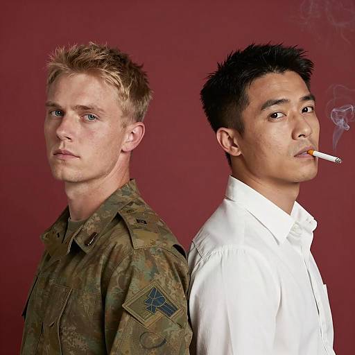 Contrasting Figures Against Red Backdrop