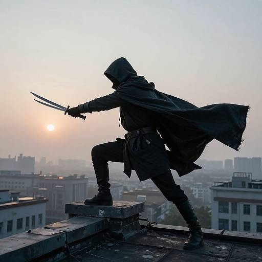 Silhouetted ninja with hood, cloak, and knives poised on rooftop against a hazy, sunlit cityscape at sunrise. Photograph.