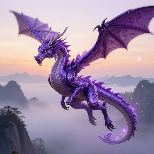 Digital artwork of a vibrant purple dragon with intricate scales, wings extended, soaring above misty mountains at sunrise.