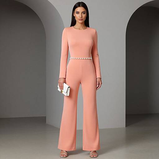 Photograph of an elegant woman with long black hair in a peach long-sleeve jumpsuit, holding a white clutch, standing in a minimalist gray