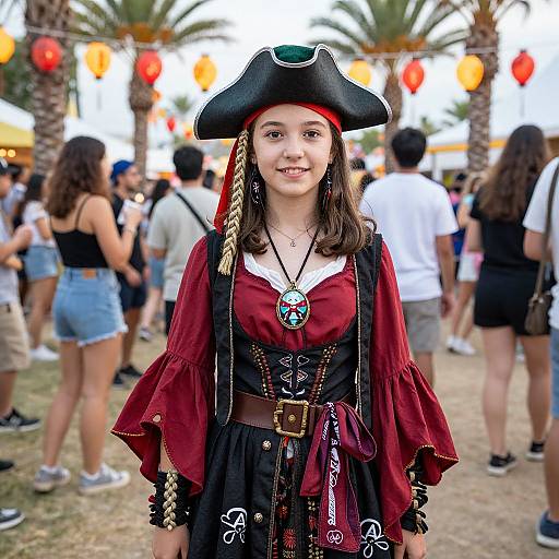 Young girl in a detailed pirate costume with black tricorn hat, red shirt, and black skirt, standing in a lively outdoor festival with palm trees and