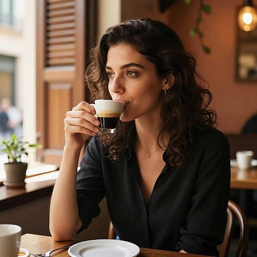 Photograph of a dark-haired woman with wavy hair, wearing a black shirt, sipping coffee in a warmly lit café.
