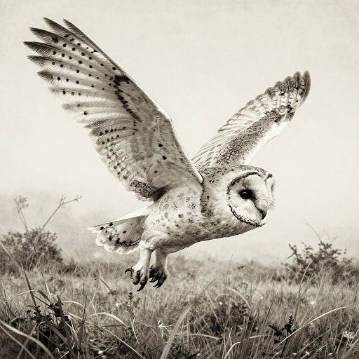 Monochrome Aquatint of Barn Owl in Flight