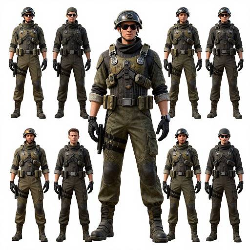 Digital artwork of eight male soldiers in dark green tactical gear, black helmets, and gloves, standing in various poses against a white background.