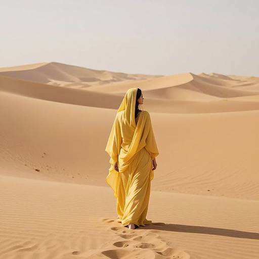 Photograph of a woman in a yellow, flowing robe and headscarf walking alone in a vast, sunlit desert with rolling sand dunes in