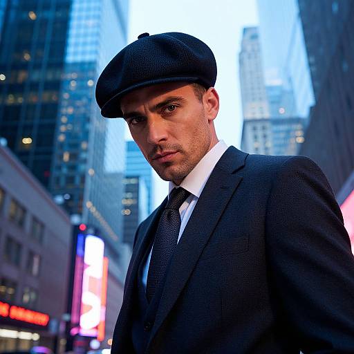 Photograph of a handsome, dark-haired man in a black suit, white shirt, and flat cap, standing in a brightly lit urban cityscape with