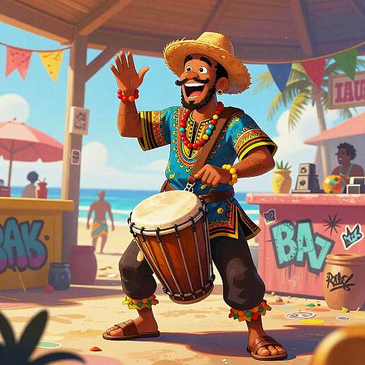 Vibrant digital artwork of a joyful black man in colorful traditional attire, playing a drum under a beach umbrella, waving with a sunny, tropical background