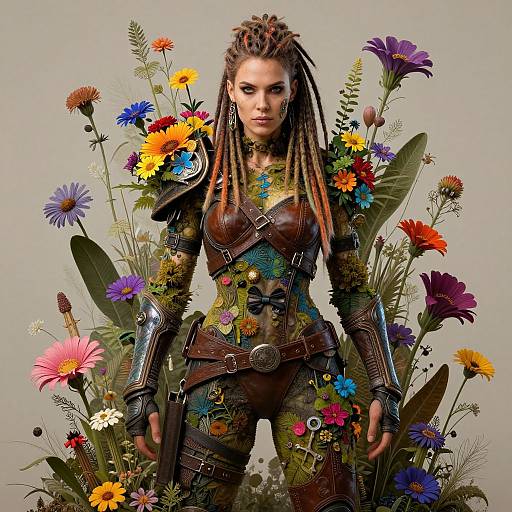 Photograph of a fierce, dreadlocked woman in leather armor adorned with colorful flowers, standing amidst a vibrant bouquet against a plain background.