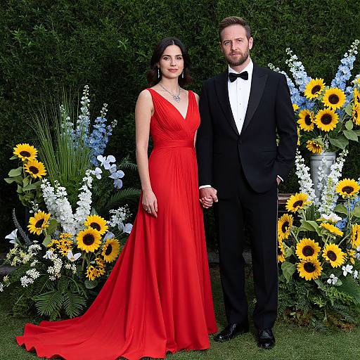 Photograph of a couple standing hand-in-hand; woman in a vibrant red V-neck gown, man in black tuxedo, surrounded by sunflowers