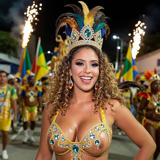 Photograph of a curly-haired woman with large breasts, wearing a glittery, gold and blue crown with feathers, and a matching bra, smiling at