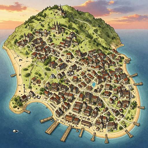Hand-Drawn Medieval Coastal Town Map