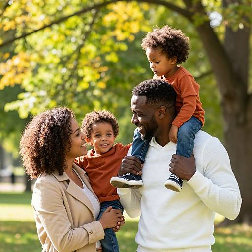 Photograph of a Black family in a sunlit park, father in white shirt carrying son in orange shirt, mother in beige jacket, younger son smiling
