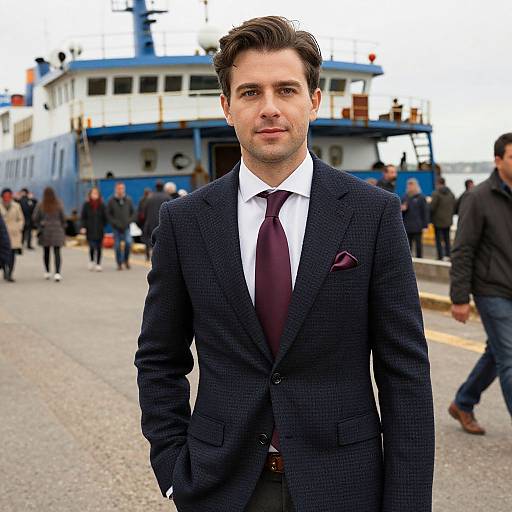 Man in Navy Suit at Dockside