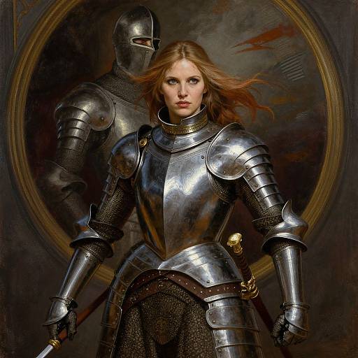 Digital painting of a determined, fair-skinned woman in shiny medieval armor with long red hair, standing in front of a helmeted figure, against a