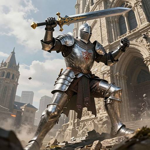 Photorealistic CGI of a knight in shiny, detailed medieval armor with a sword raised, standing in a ruined, gothic cityscape.