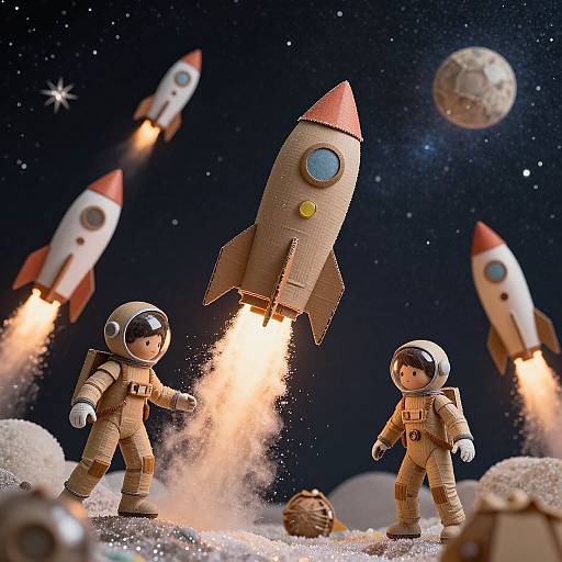 Photorealistic CGI of two children in space suits standing on a moon-like surface, surrounded by flying retro-style rockets and a planet, with a star