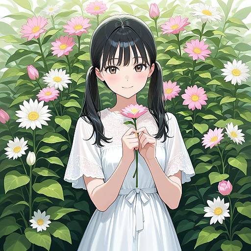 Girl in White Dress Holding Flowers
