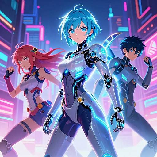 Digital anime artwork of three cyber-enhanced characters in futuristic neon city. Central blue-haired woman with glowing armor, flanked by red-haired and black-haired