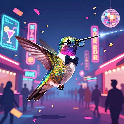Cyberpunk Hummingbird in Neon Market
