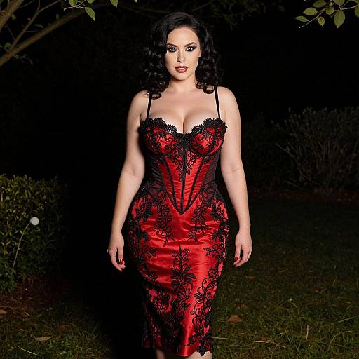 Photograph of a curvy woman with pale skin and black curly hair, wearing a form-fitting, red lace corset dress with black floral patterns